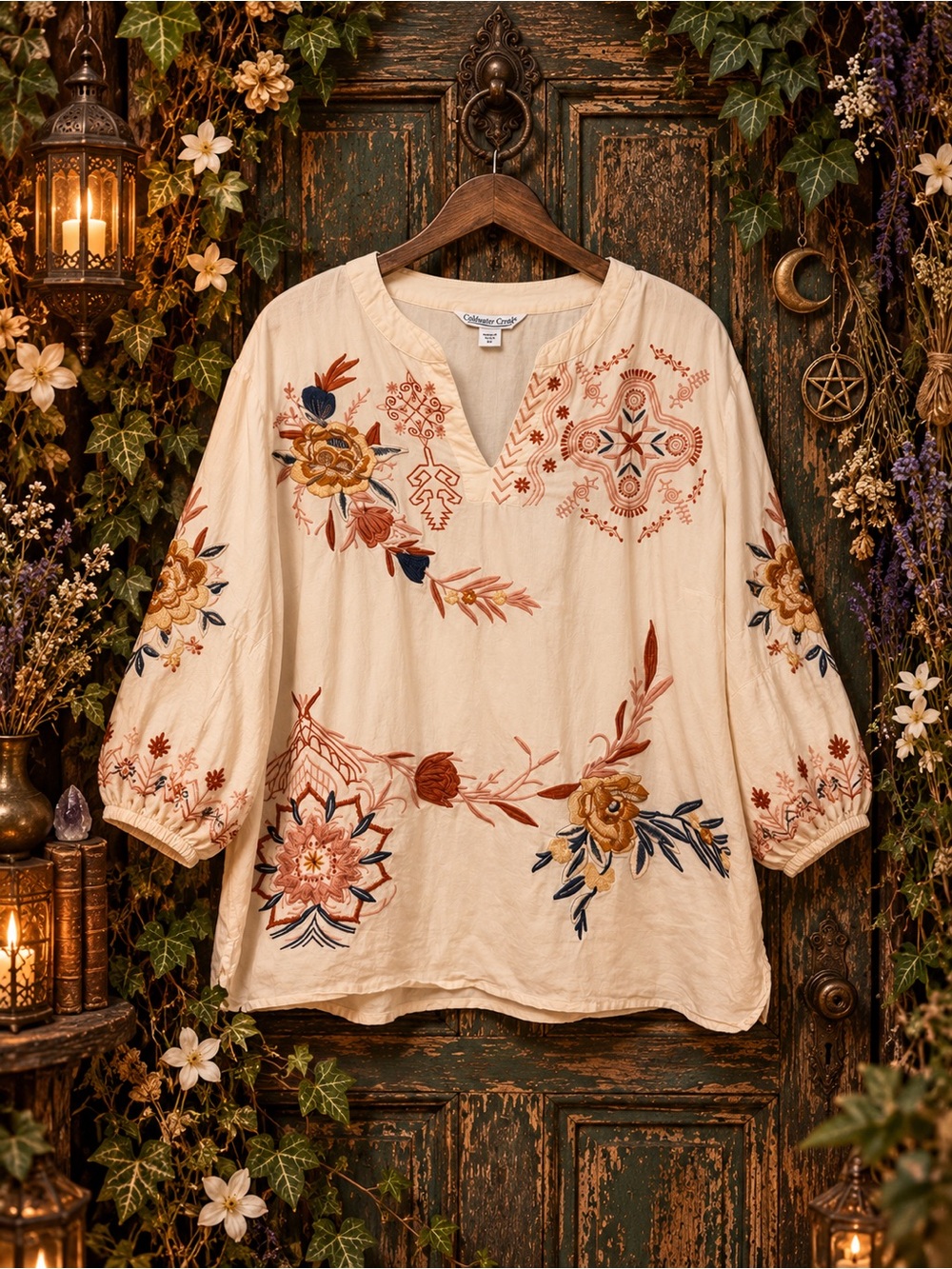 Coldwater Creek 1X Embroidered Cotton Boho Peasant Tunic Cream Floral